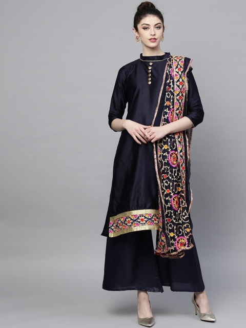 

Ishin Women Navy Blue & Gold-Coloured Embroidered Kurta with Palazzos & Dupatta