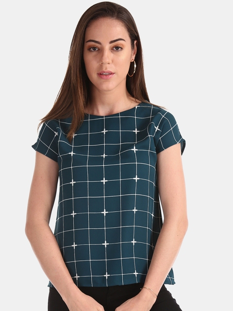 

ELLE Women Teal Green Checked Top