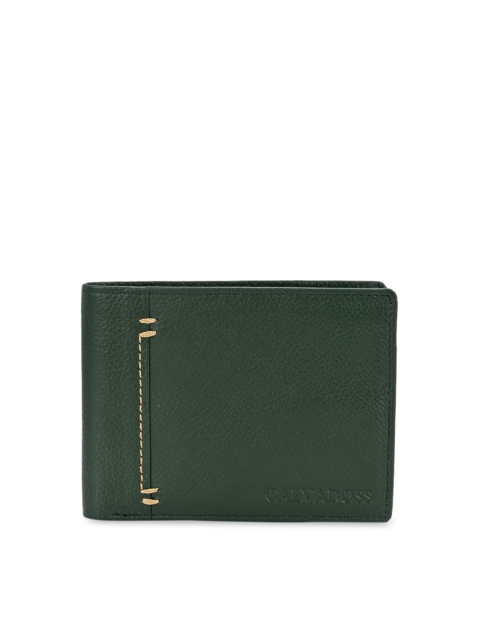 

Calvadoss Men Green Textured Leather Two Fold Wallet