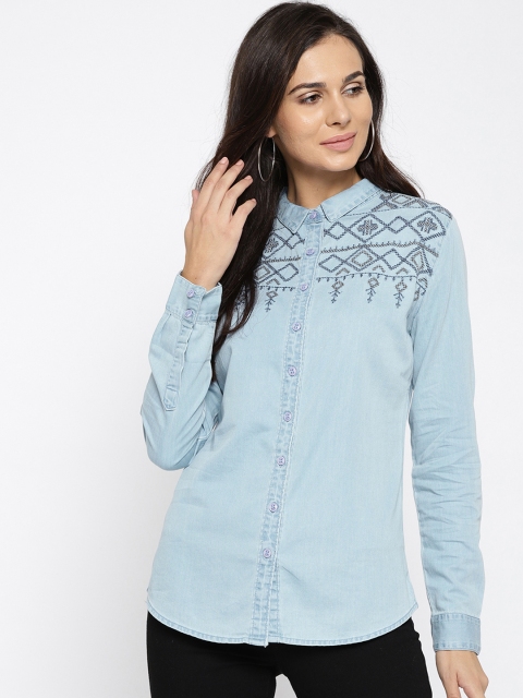 Xpose Women Blue Comfort Slim Fit Solid Casual Denim Shirt