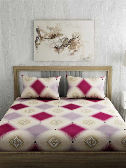 

EverHOME Cream-Coloured & Magenta Ethnic Motifs 210 TC Cotton 1 Queen Bedsheet with 2 Pillow Covers