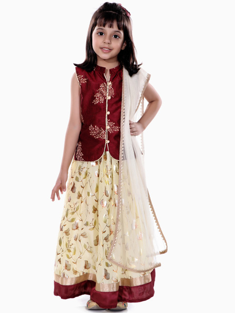 

naughty ninos Girls Maroon & Cream-Coloured Embroidered Ready to Wear Lehenga & Blouse with Dupatta