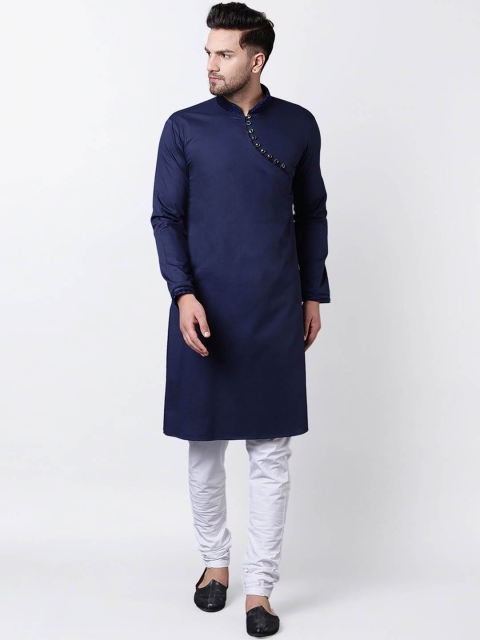 

I Know Men Navy Blue & White Solid Kurta with Churidar