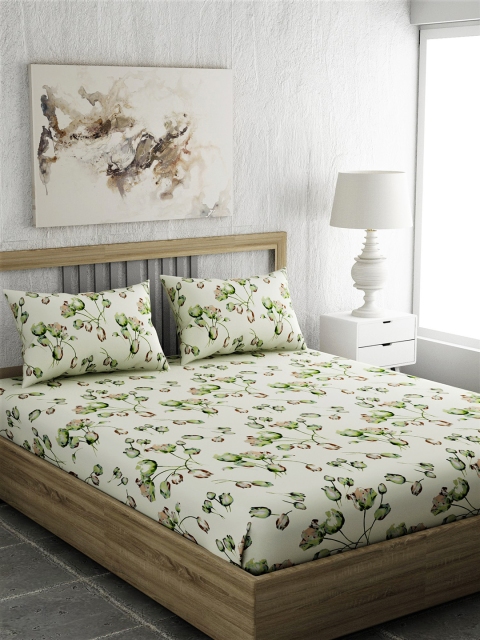 

EverHOME Orange & Green Floral 144 TC Cotton 1 Queen Bedsheet with 2 Pillow Covers