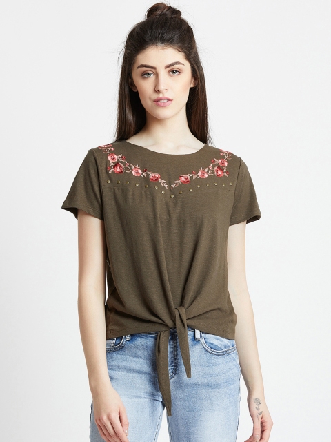 

COVER STORY Women Olive Green Embroidered Round Neck T-shirt