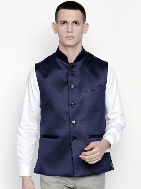 Blacksmith Men Navy Blue Solid Nehru Jacket