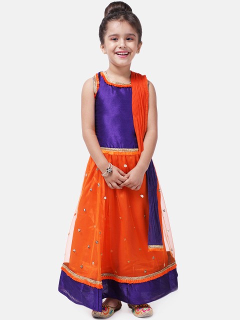 

BownBee Girls Purple & Orange Embellished Ready to Wear Pattu Pavadai with Dupatta