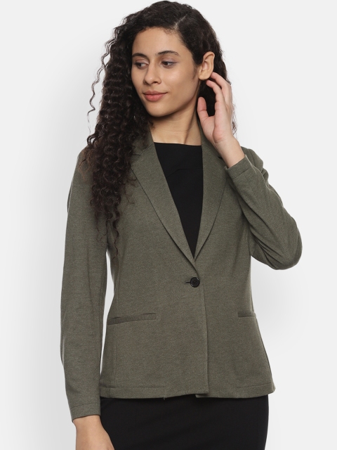 

Van Heusen Woman Olive Green Self-Design Single-Breasted Pure Cotton Blazer