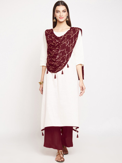 

studio rasa Women Off-White & Maroon Solid A-Line Kurta with Dupatta