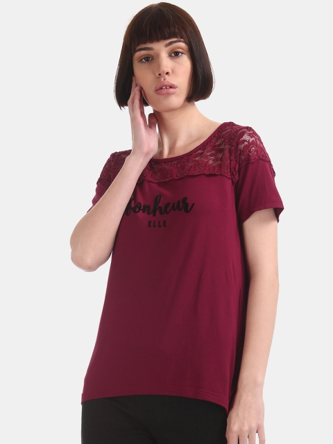 

ELLE Women Maroon Self Design Top