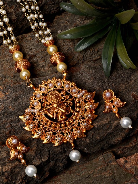 

ANIKAS CREATION Women Gold-Plated & White Antique Matte God Krishna Temple Jewellery Set
