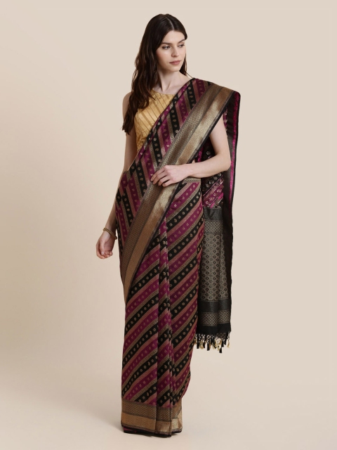 

Koskii Maroon Poly Silk Striped Zariwork Banarasi Saree