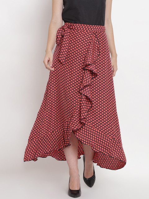 

Abiti Bella Women Red and Black Bohemian Print High-Low Flared Skirt