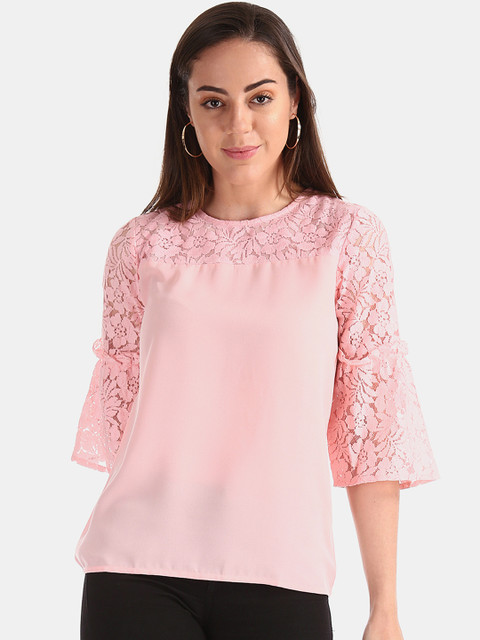 

ELLE Women Pink Solid Lace Insert Top