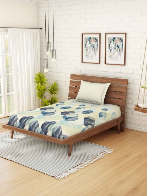 

SPACES Blue & Beige Geometric 144 TC Cotton 1 Single Bedsheet with 1 Pillow Cover