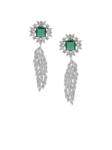 

Silgo Silver-Toned & Green CZ Rhodium-Plated Studded Leaf Shaped Drop Earrings