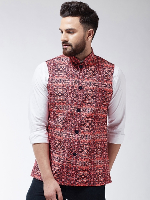 

SOJANYA Men Black & Coral Pink Printed Nehru Jacket
