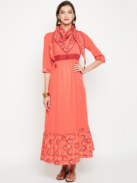 

studio rasa Women Coral Orange Block Printed A-Line Kurta