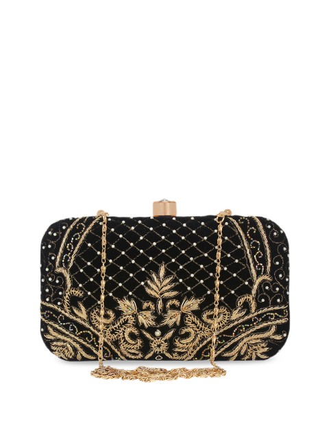 

Anekaant Black & Gold-Toned Embellished Box Velvet Clutch