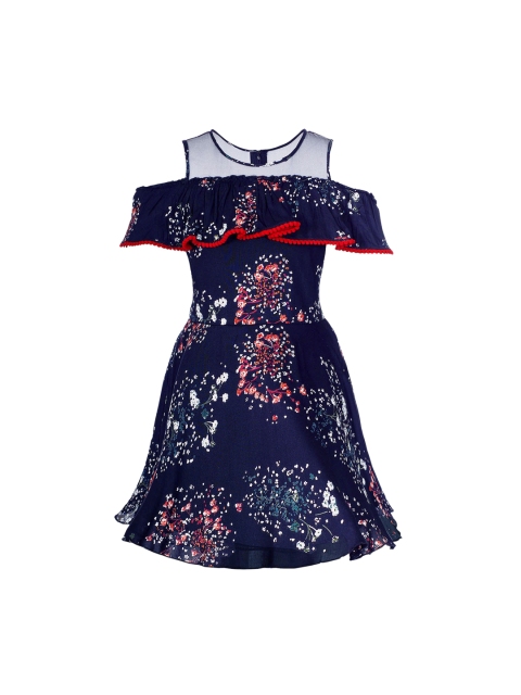

naughty ninos Girls Printed Navy Blue Floral Print Fit and Flare Dress