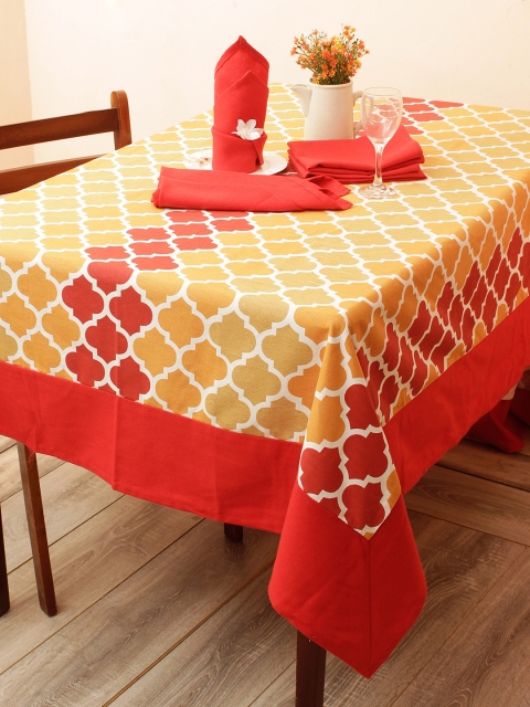 

Soumya Yellow & Orange Printed Table Cover With Set of 6 Napkins