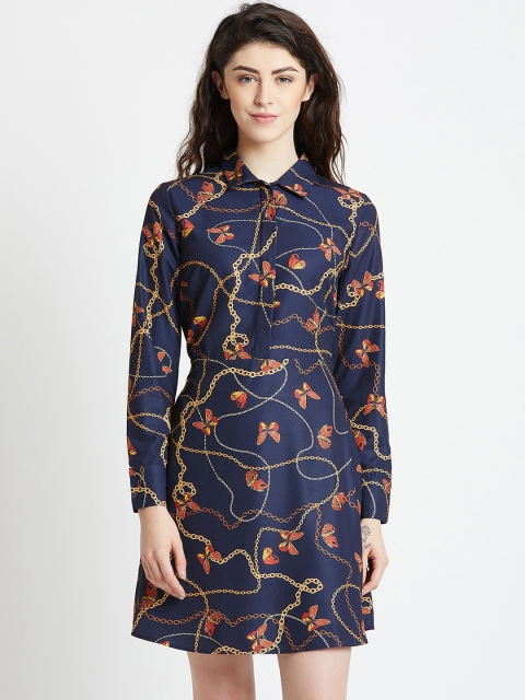 COVER STORY Women Navy Blue Floral Printed Shirt Dress