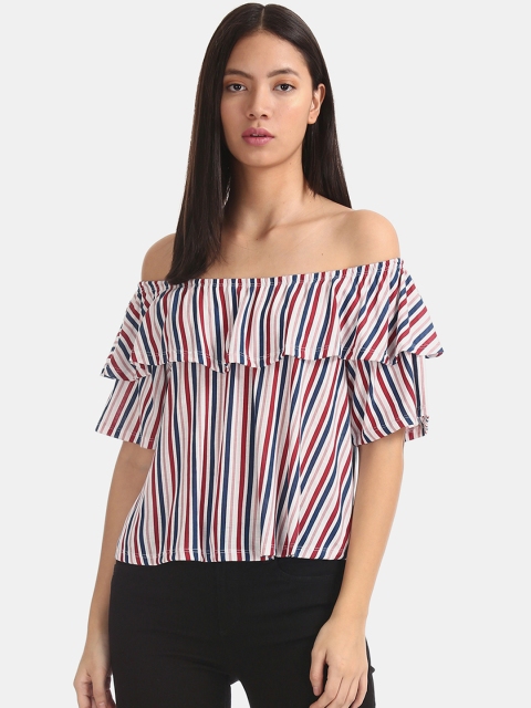 

Sugr Women White Striped Bardot Top