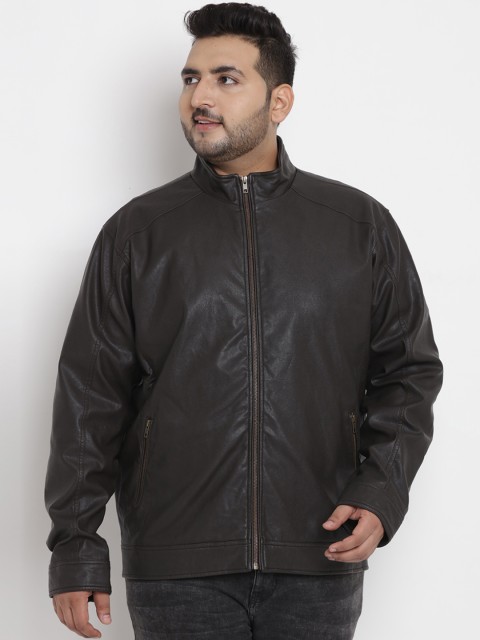 

John Pride Plus Size Men Brown Solid Biker Jacket