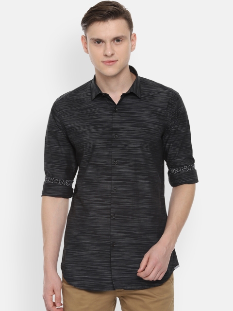 

V Dot Men Black Skinny Fit Self Design Casual Shirt