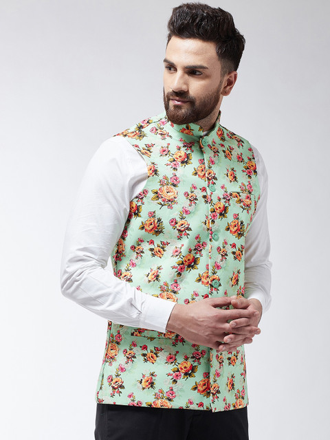 

SOJANYA Men Mint Green & Yellow Printed Nehru Jacket