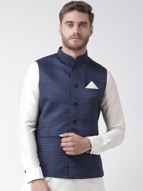 

DEYANN Men Navy Blue Printed Cotton Linen Nehru Jacket