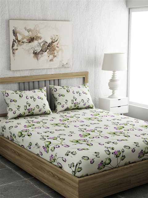 

EverHOME Off-White & Purple Floral 144 TC Cotton King Bedsheet with 2 Pillow Covers