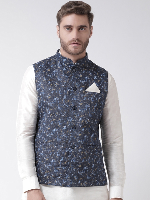 

DEYANN Men Navy Blue Printed Cotton Linen Nehru Jacket
