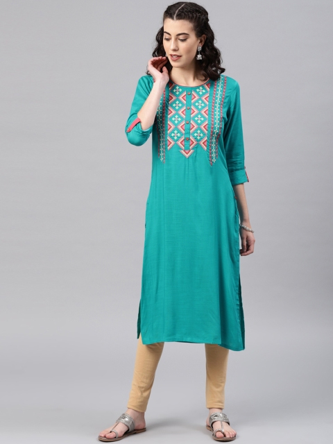 

Alena Women Turquoise Blue Yoke Design Straight Kurta