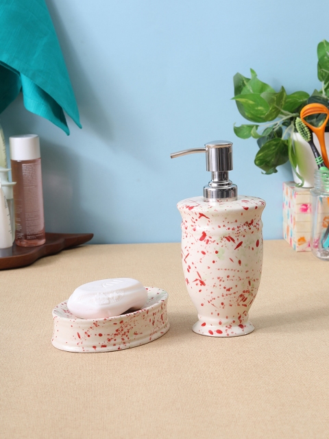VarEesha Set of 2 White & Red Spray Printed Ceramic Bath Accessories