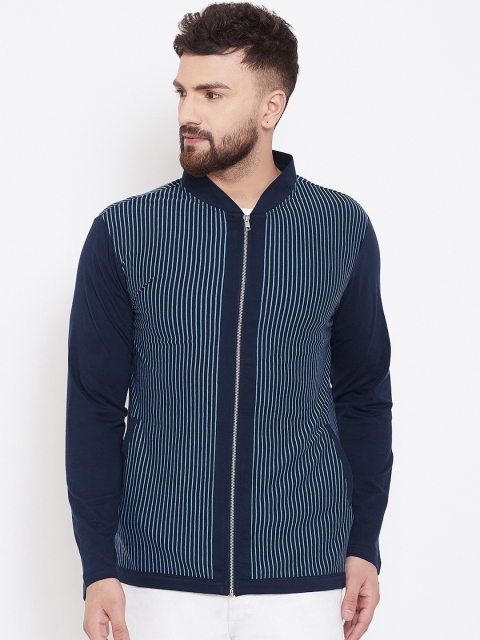 

Hypernation Men Navy Blue Striped Zipper T-shirt