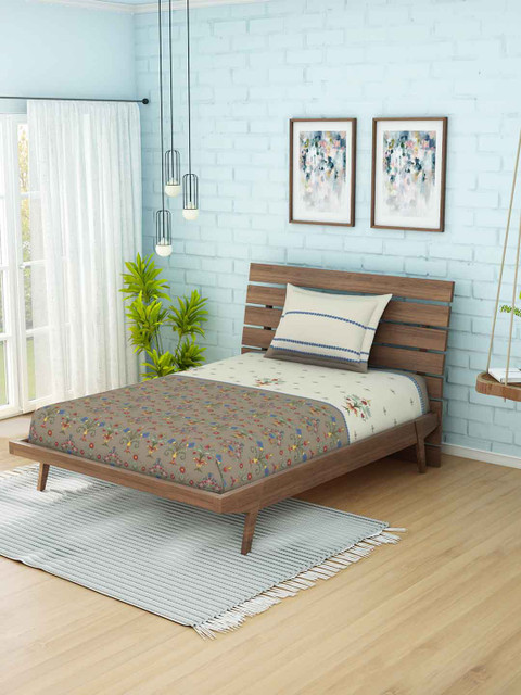 

SPACES Taupe & Beige Floral Printed 144 TC Cotton 1 Single Bedsheet with 1 Pillow Covers