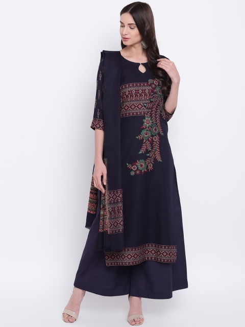 

HK colours of fashion Navy Blue Pure Cotton Unstitched Dress Material