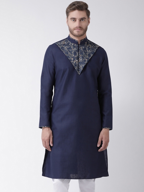

DEYANN Men Navy Blue Floral Yoke Design Straight Kurta