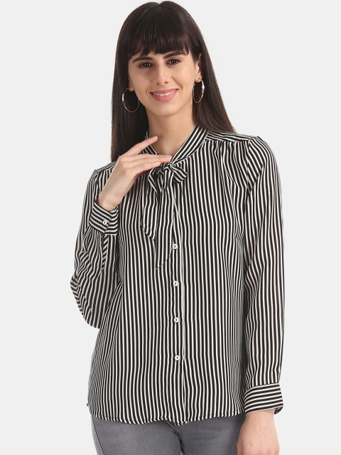 

ELLE Women Black & Off-White Regular Fit Striped Casual Shirt
