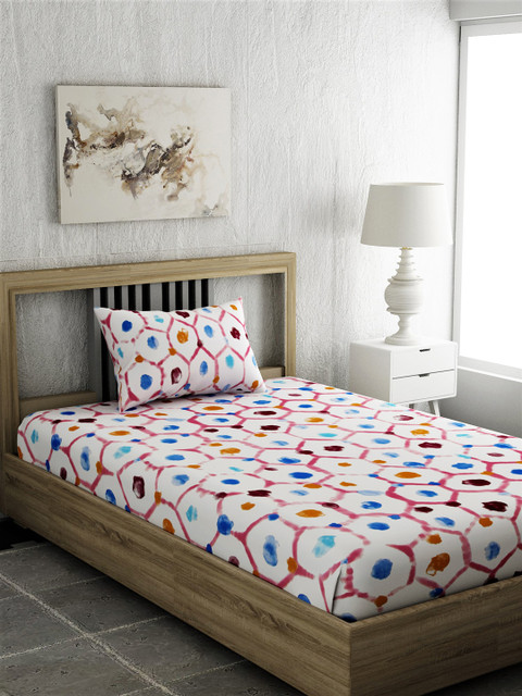 

EverHOME White & Pink Geometric 210 TC Cotton 1 Single Bedsheet with 1 Pillow Cover
