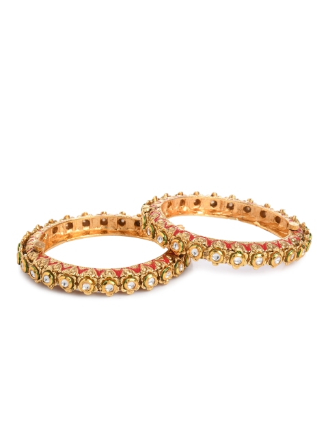 

Bamboo Tree Jewels Set of 2 Gold-Toned & Red Enamelled Kundan Studded Bangles