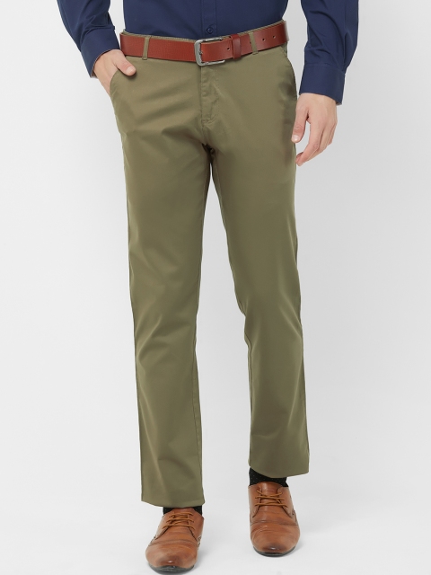 Solemio Men Olive Green Regular Fit Solid Formal Trousers