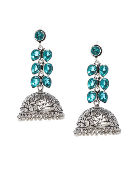 

Bamboo Tree Jewels Green & Silver-Toned Dome Shaped Handcrafted Jhumkas