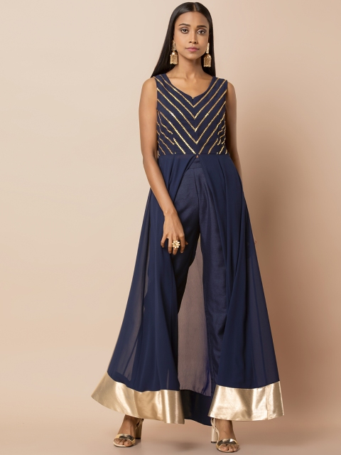

INDYA Women Blue Yoke Design A-Line Kurta
