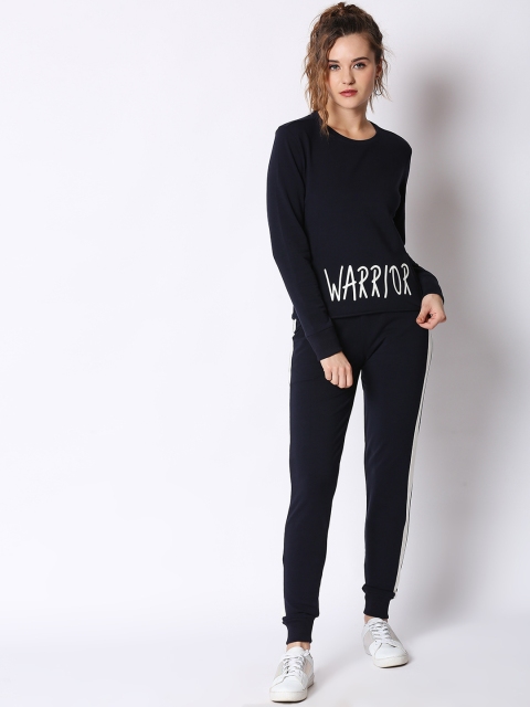

I Like Me Women Navy Blue & White Solid Crop Top Track Suit