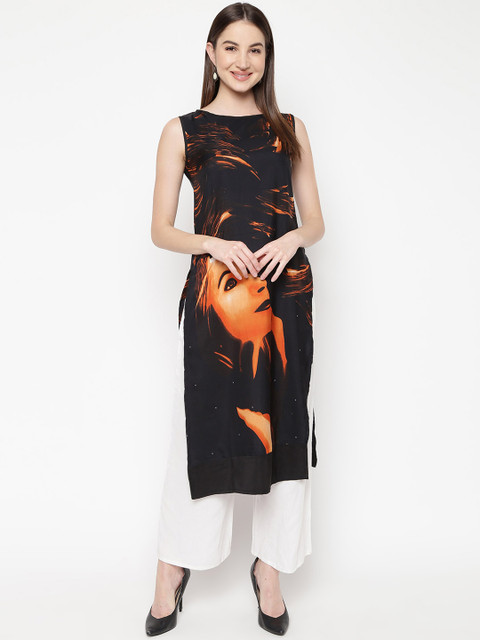 

Napra Women Black & Orange Face Print Straight Kurta