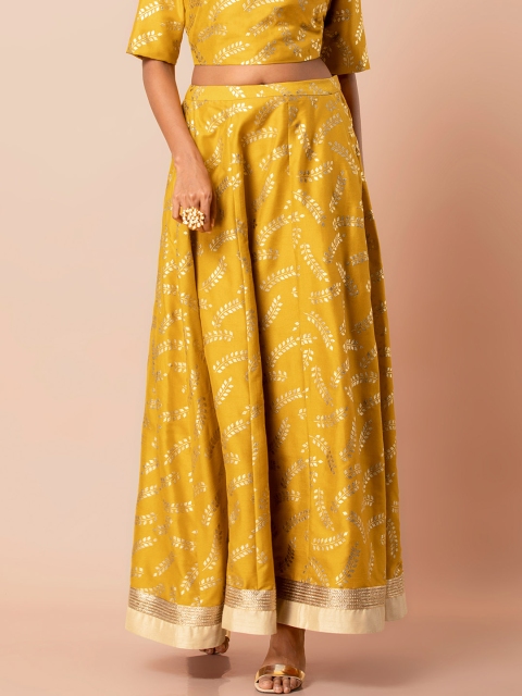 

INDYA Women Mustard Yellow & Gold-Coloured Printed Flared Maxi Skirt