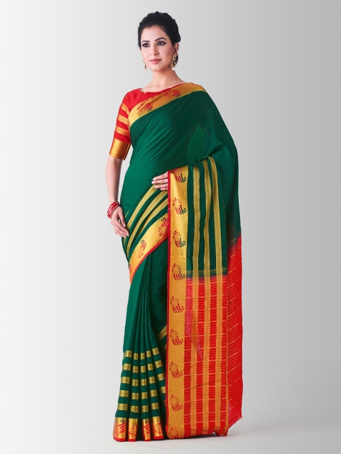 

Mitera Green & Gold-Coloured Poly Crepe Woven Design Kanjeevaram Saree
