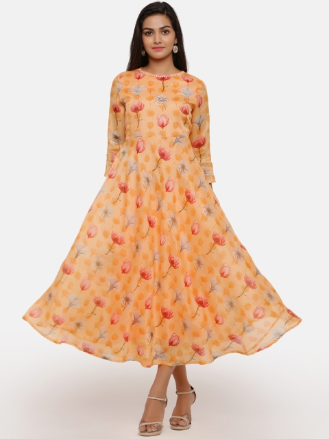 

BUYCLARA Women Orange Floral Print Fit and Flare Dress
